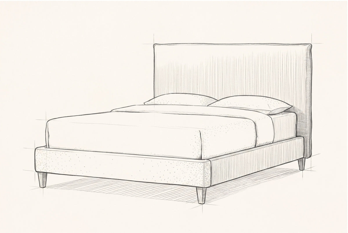 Pencil sketch of the Guardiagrele bed with a mattress and two pillows, drawn from the same three-quarter view