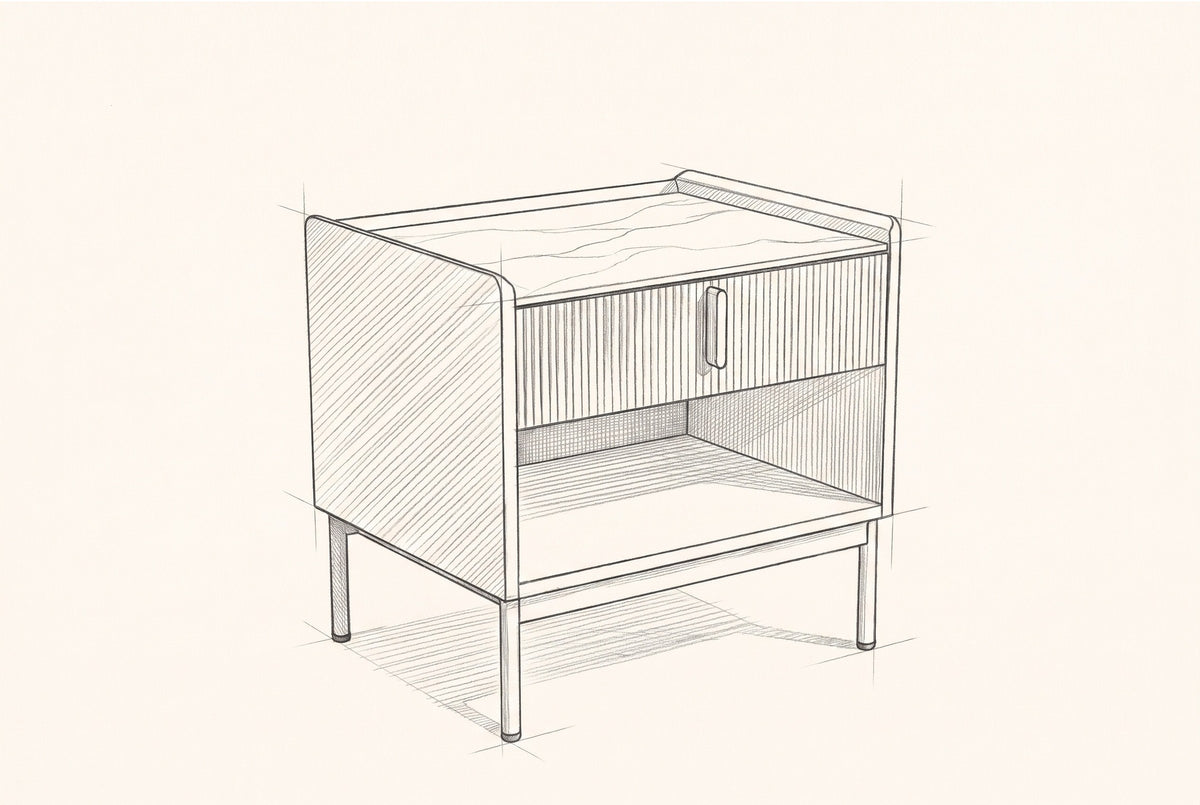 Pencil sketch of the Guspini nightstand, drawn from the same three-quarter view