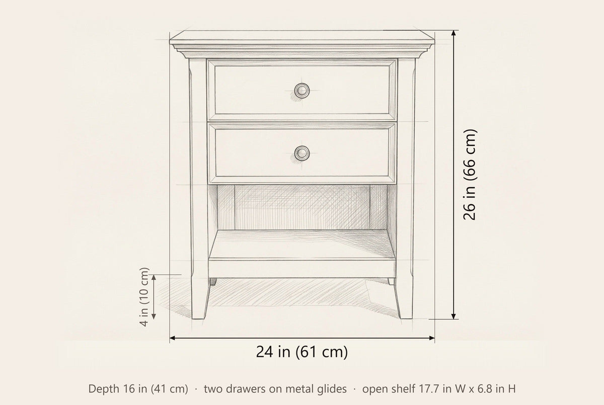 Iglesias nightstand dimensions: 24 in wide, 26 in high, 16 in deep, 4 in from the floor to the bottom rail