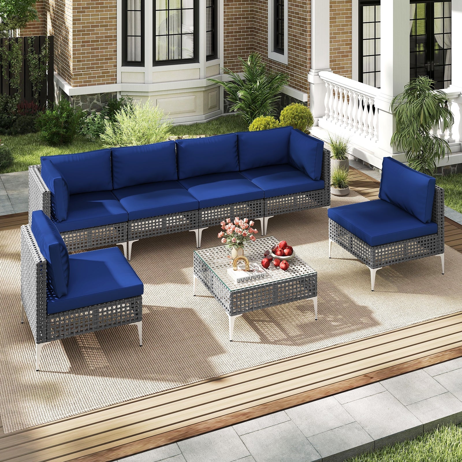 7 Piece Outdoor Furniture Set Wicker Chairs with Tempered Glass Coffee Table
