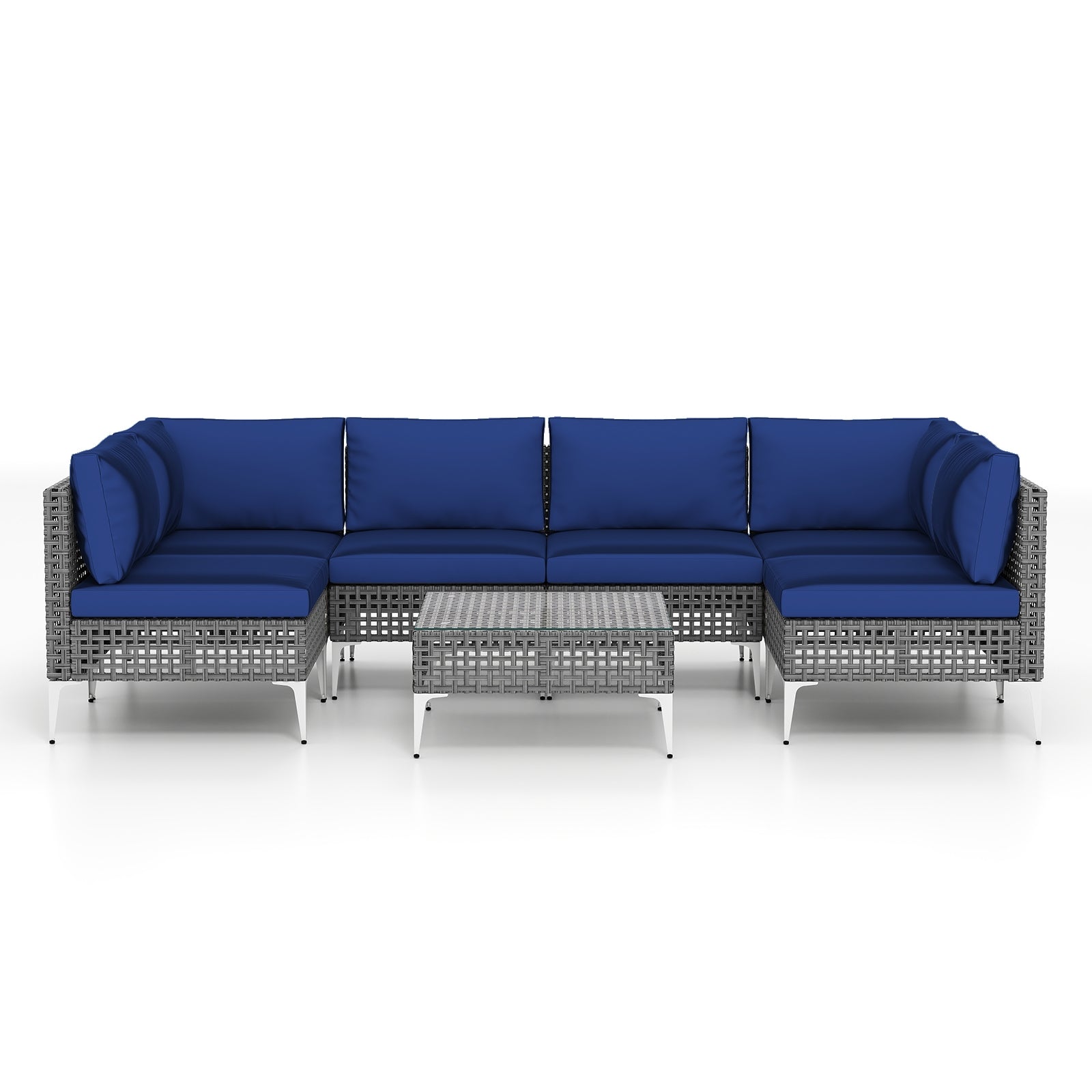 7 Piece Outdoor Furniture Set Wicker Chairs with Tempered Glass Coffee Table