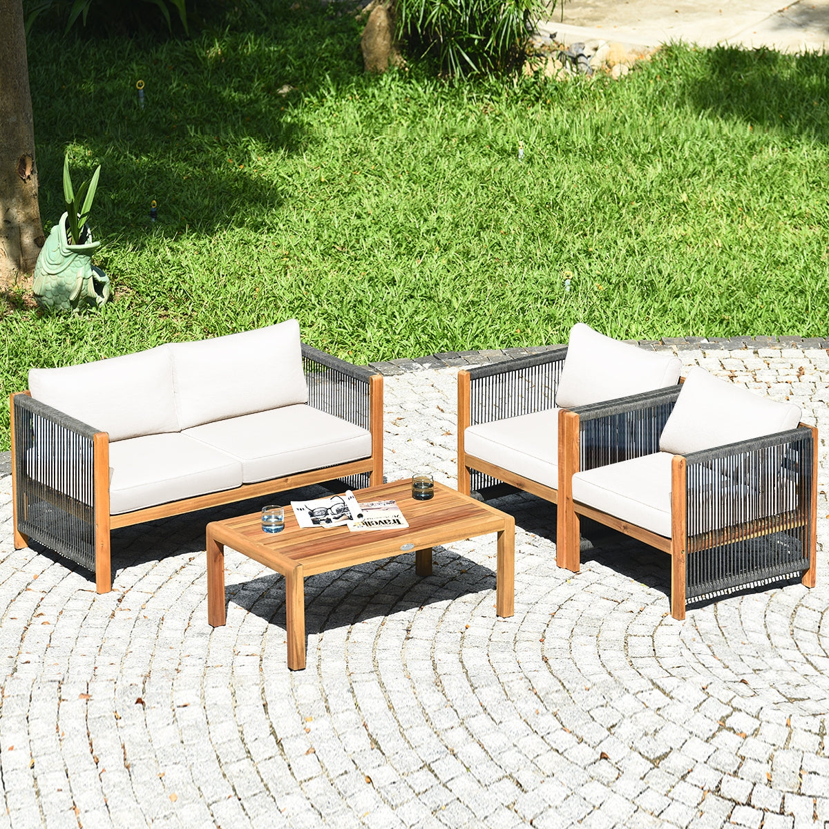 4 Pieces Wood Outdoor Patio Furniture Set with Cushions for Garden