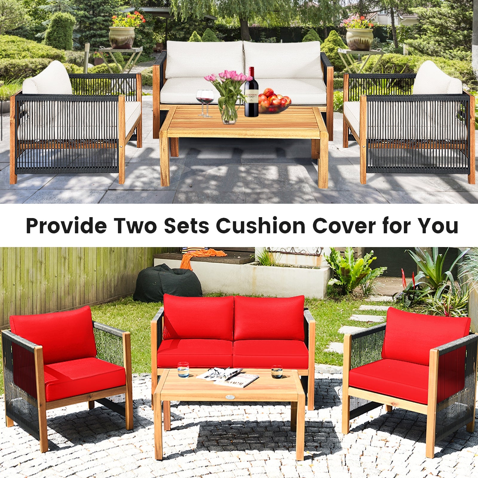 4 Pieces Wood Outdoor Patio Furniture Set with Cushions for Garden
