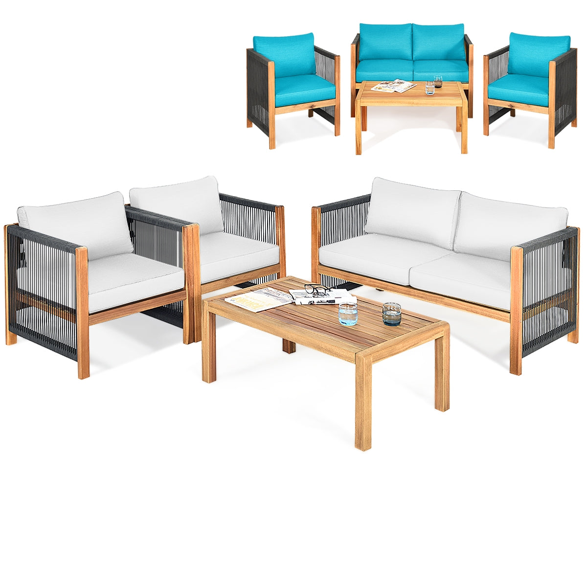 4 Pieces Wood Outdoor Patio Furniture Set with Cushions for Garden