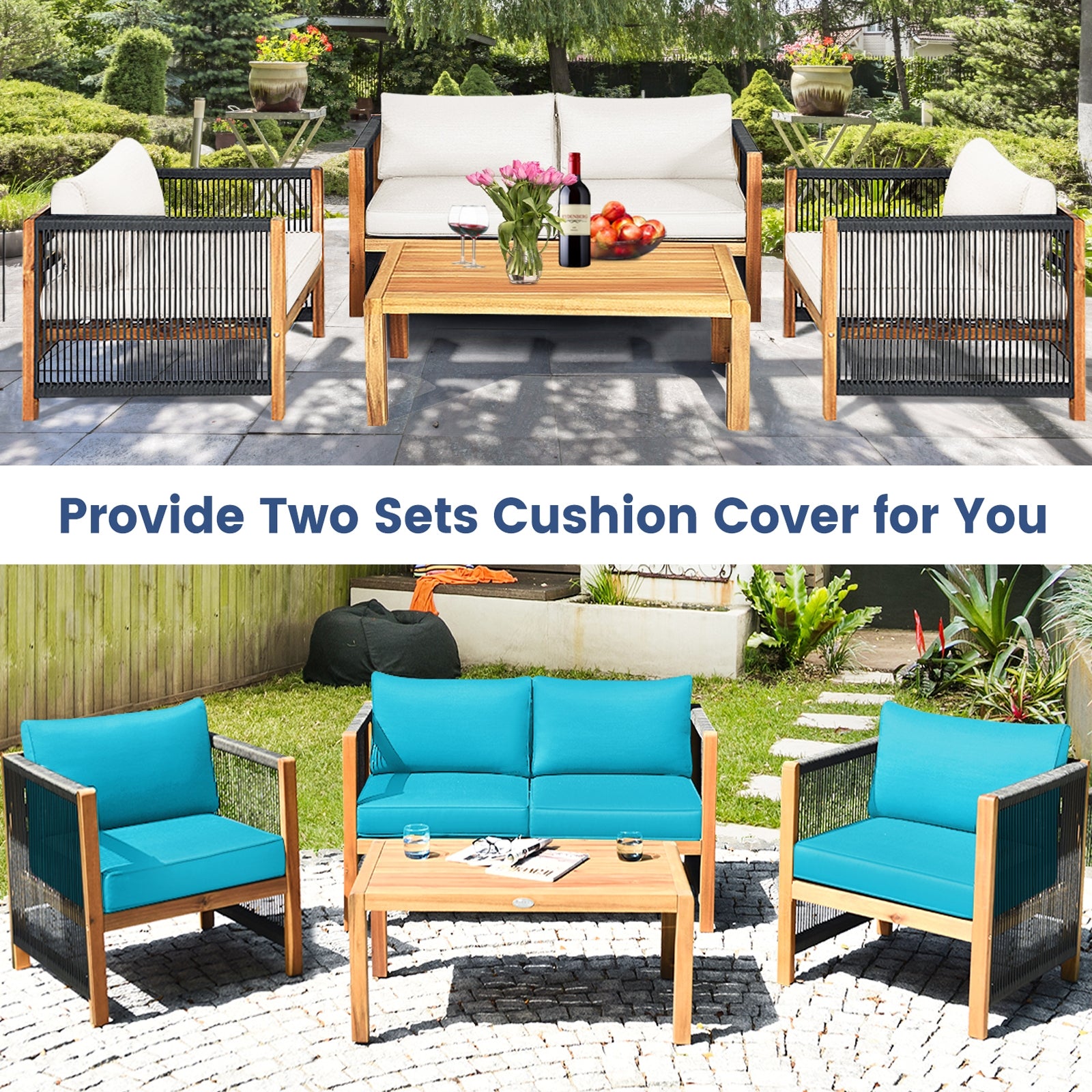 4 Pieces Wood Outdoor Patio Furniture Set with Cushions for Garden