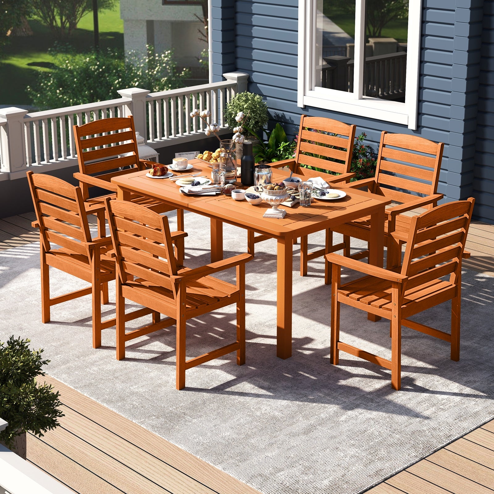7 Pcs Outdoor Dining Set Teak Oil Finish Slatted Rectangular Dining Table and 6 Armchairs