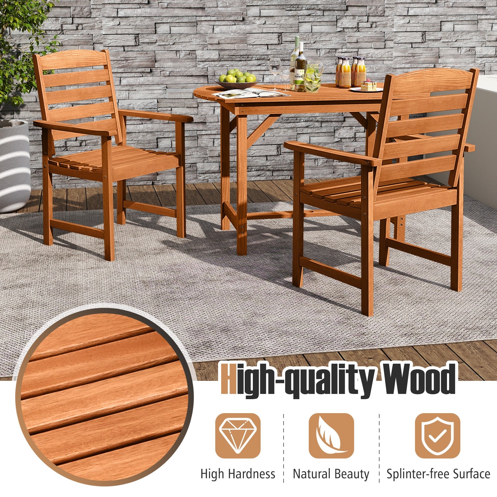 7 Pcs Outdoor Dining Set Teak Oil Finish Slatted Rectangular Dining Table and 6 Armchairs