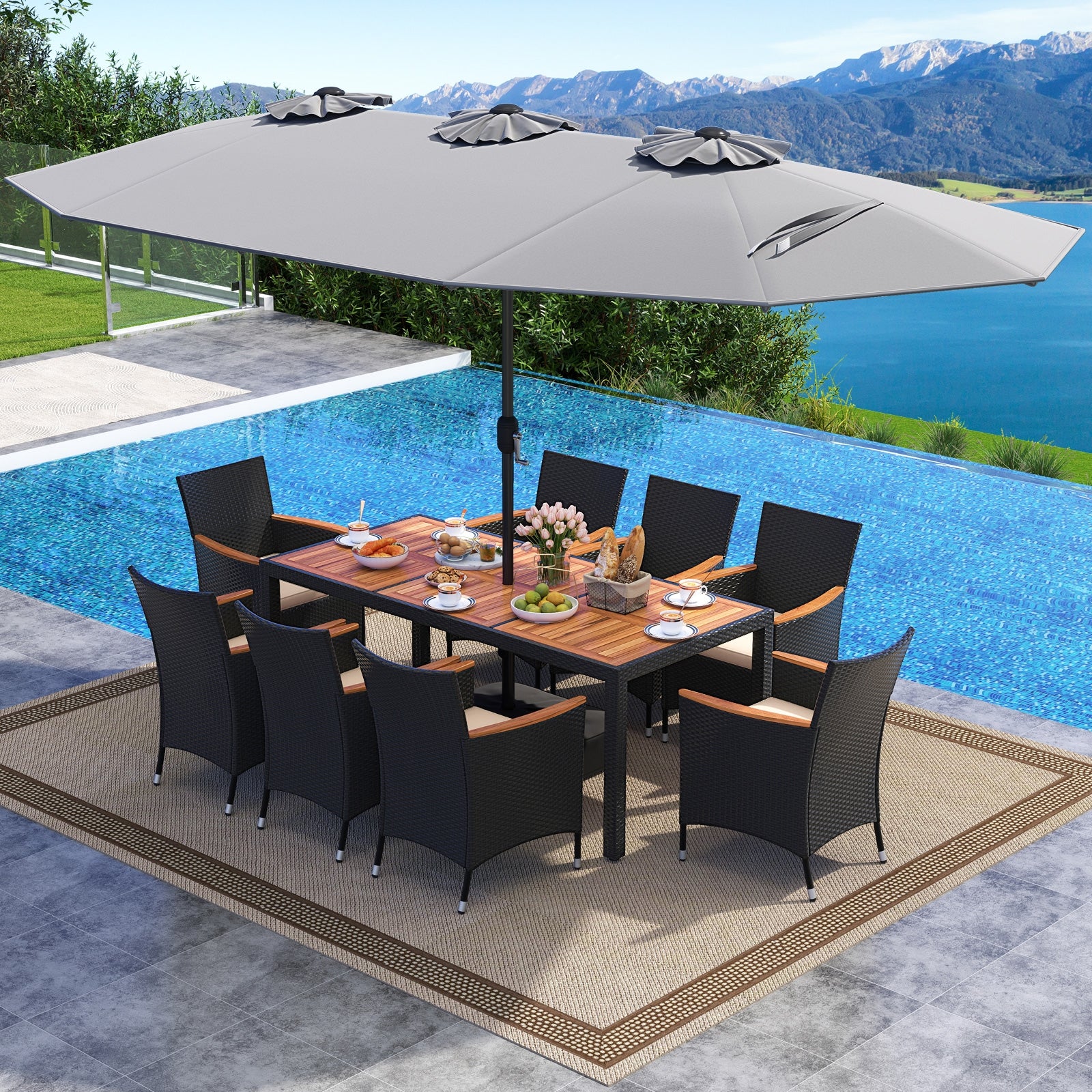10 Piece Outdoor Dining Set with 15 Feet Double-Sided Twin Umbrella