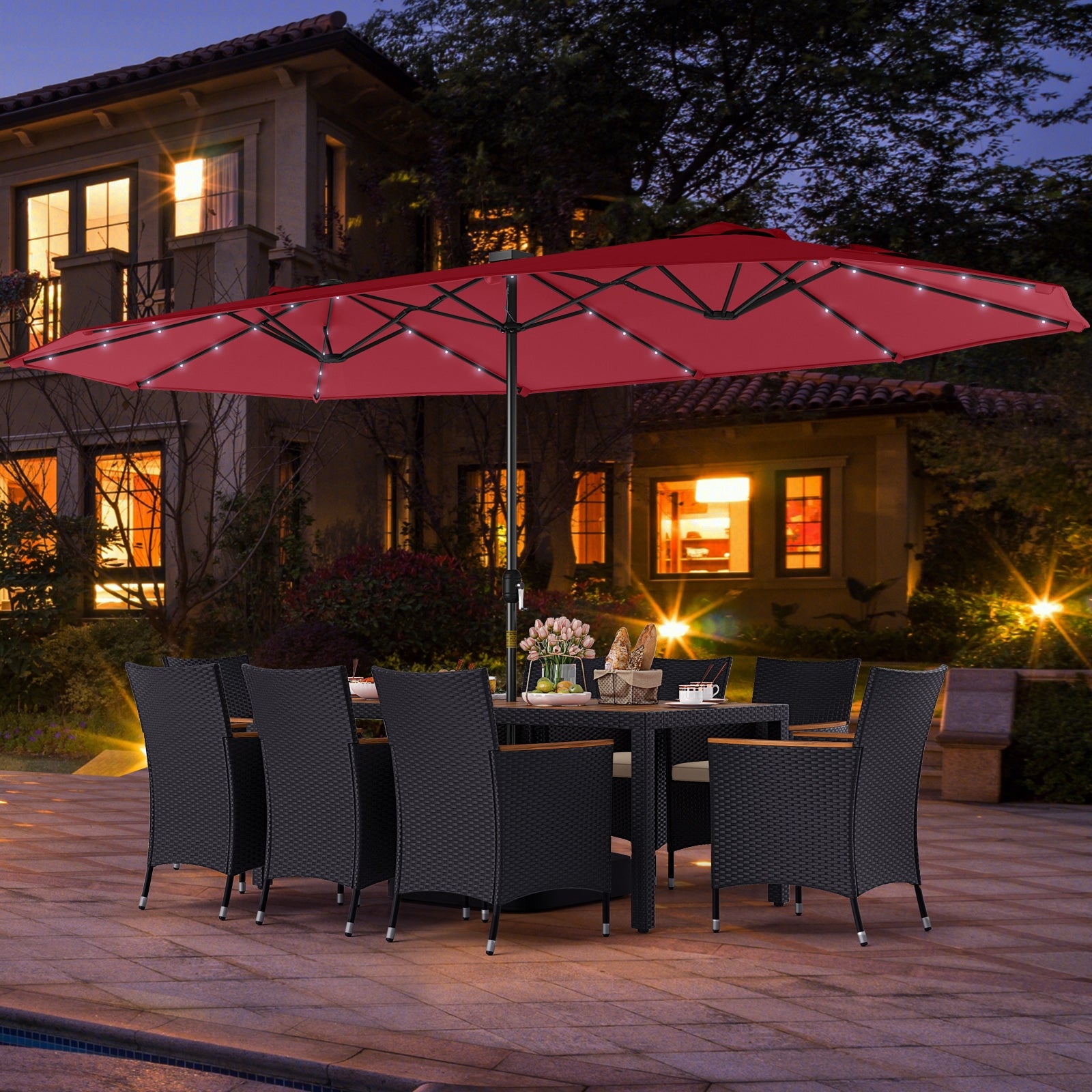 11 Pieces Patio Dining Set with LED Patio Umbrella with Base and Seat Cushions