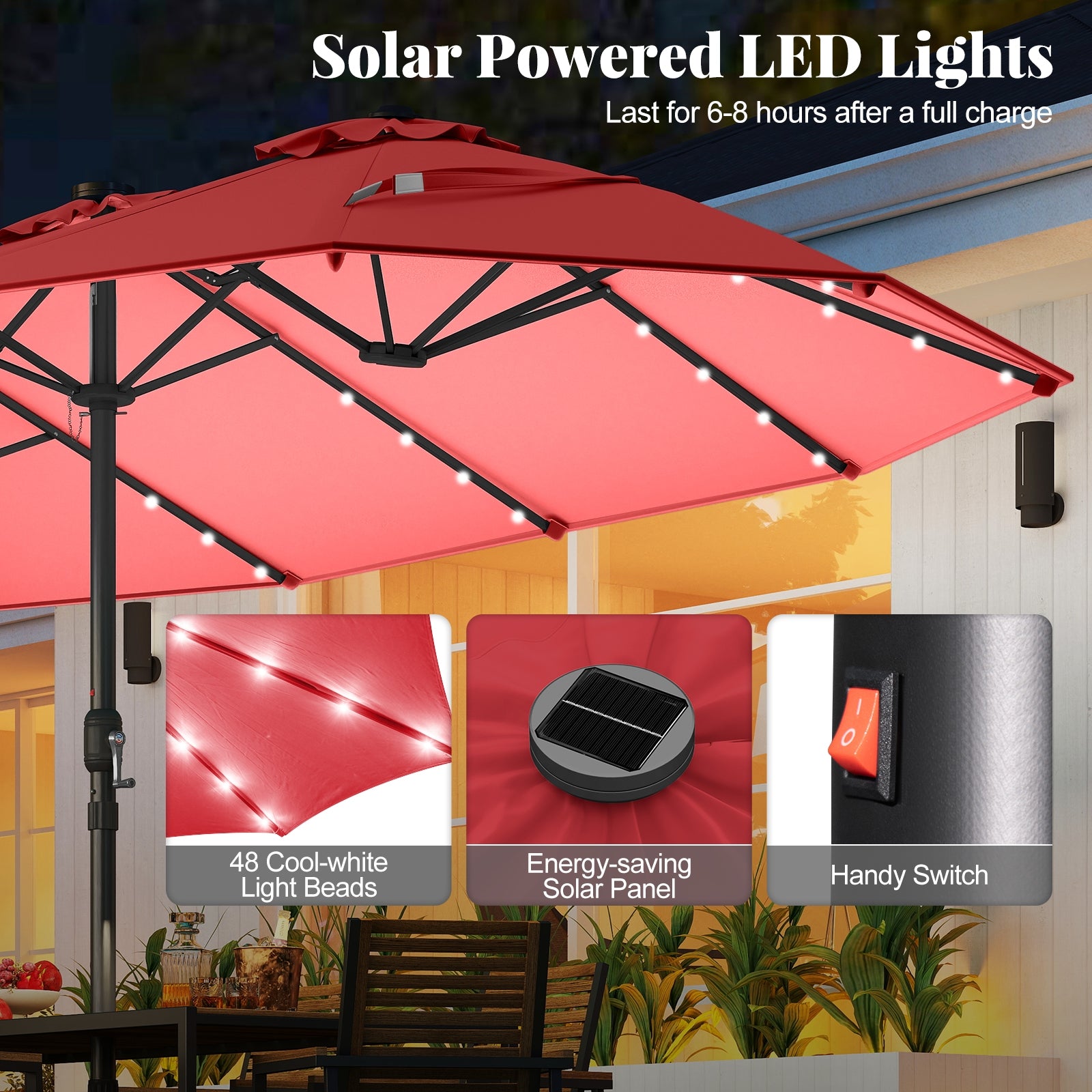 11 Pieces Patio Dining Set with LED Patio Umbrella with Base and Seat Cushions