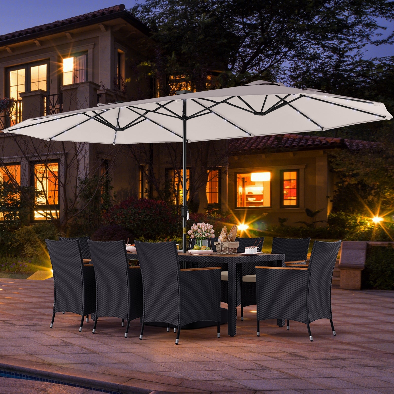 11 Pieces Patio Dining Set with LED Patio Umbrella with Base and Seat Cushions