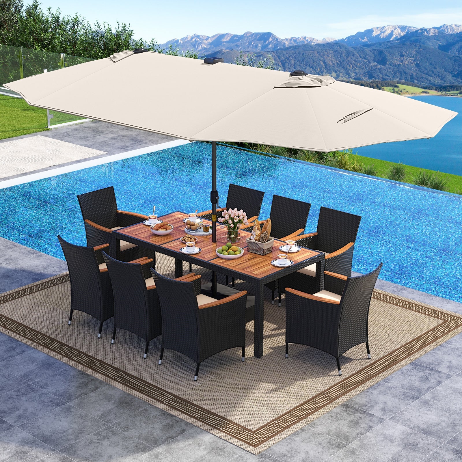 11 Pieces Patio Dining Set with LED Patio Umbrella with Base and Seat Cushions