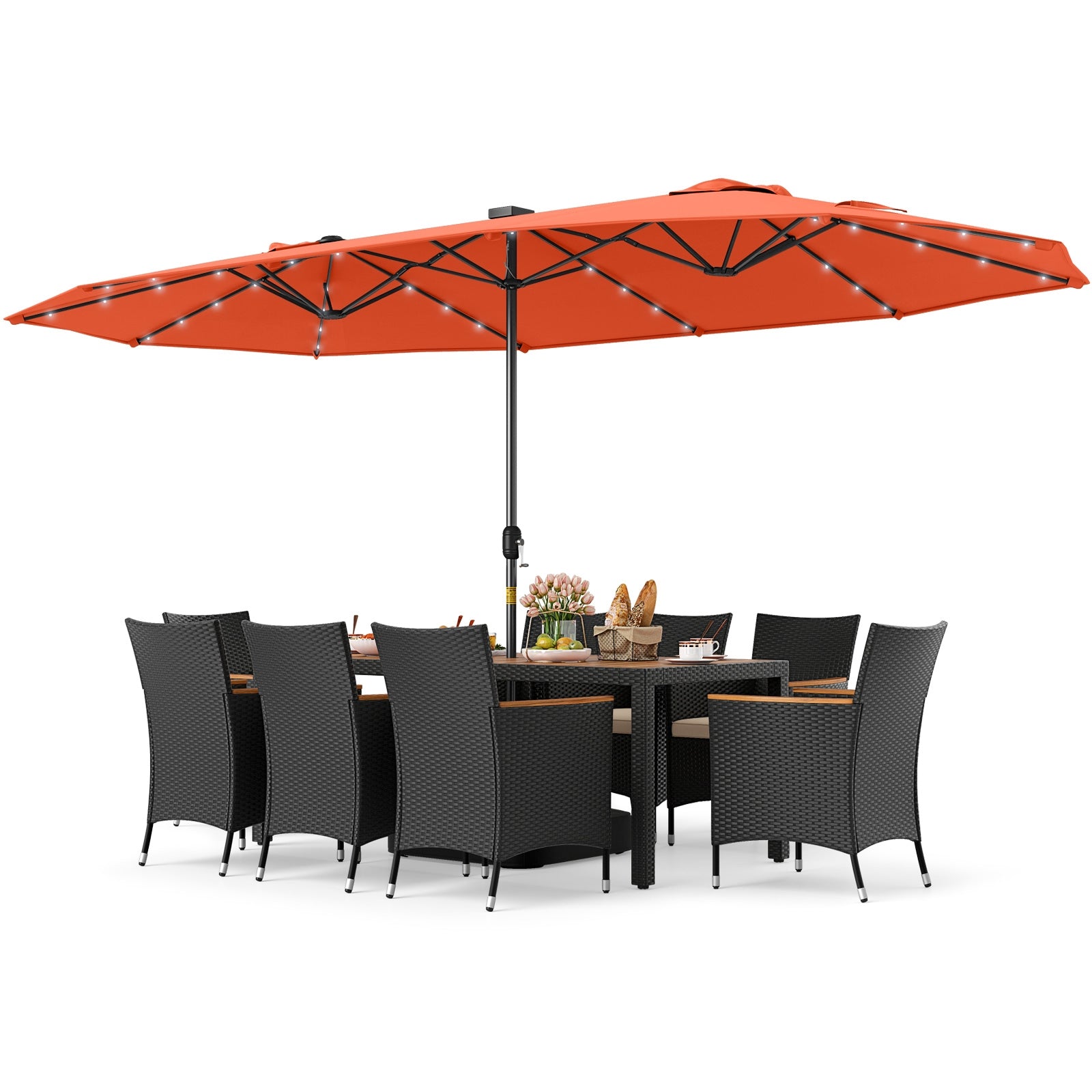 11 Pieces Patio Dining Set with LED Patio Umbrella with Base and Seat Cushions