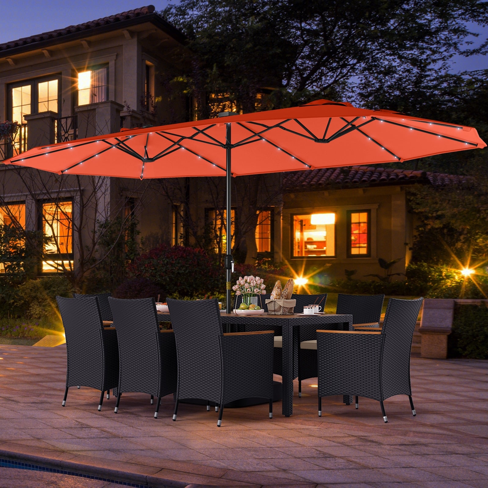 11 Pieces Patio Dining Set with LED Patio Umbrella with Base and Seat Cushions