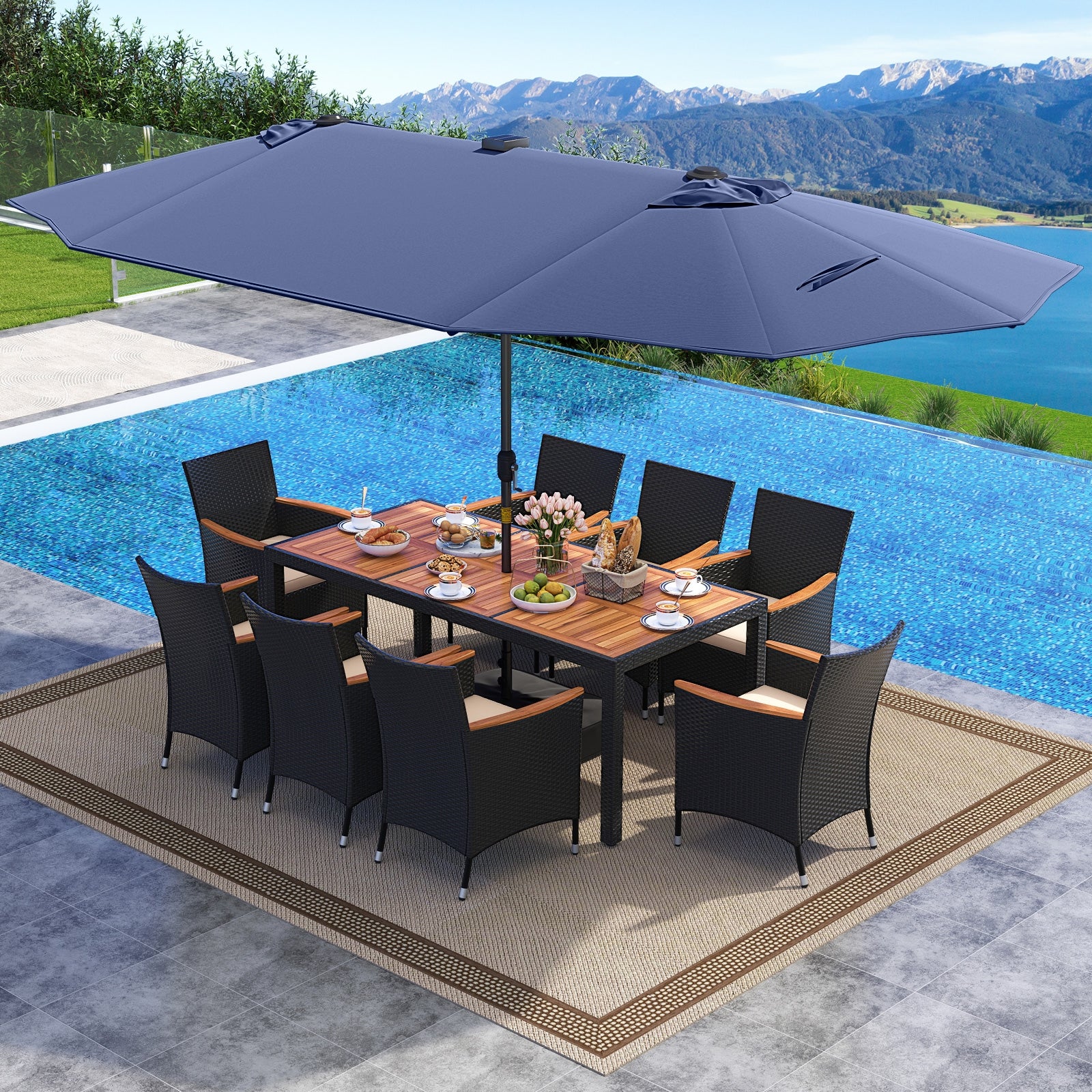 11 Pieces Patio Dining Set with LED Patio Umbrella with Base and Seat Cushions