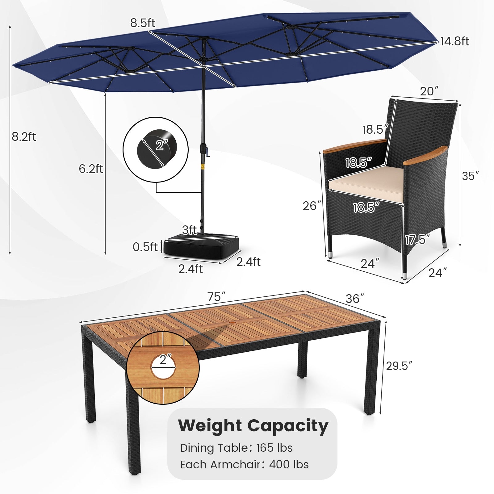 11 Pieces Patio Dining Set with LED Patio Umbrella with Base and Seat Cushions