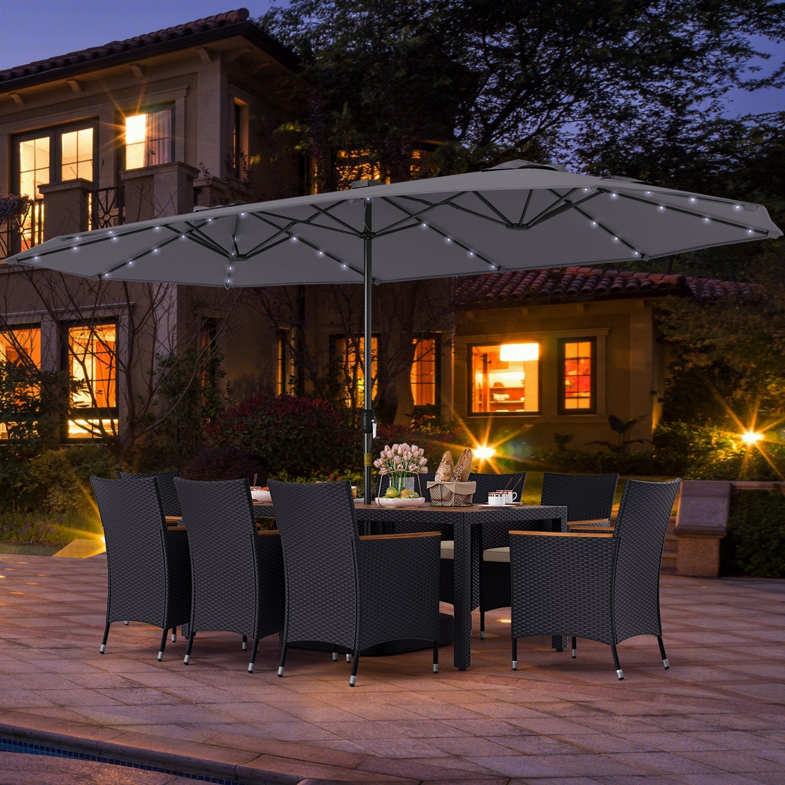 11 Pieces Patio Dining Set with LED Patio Umbrella with Base and Seat Cushions