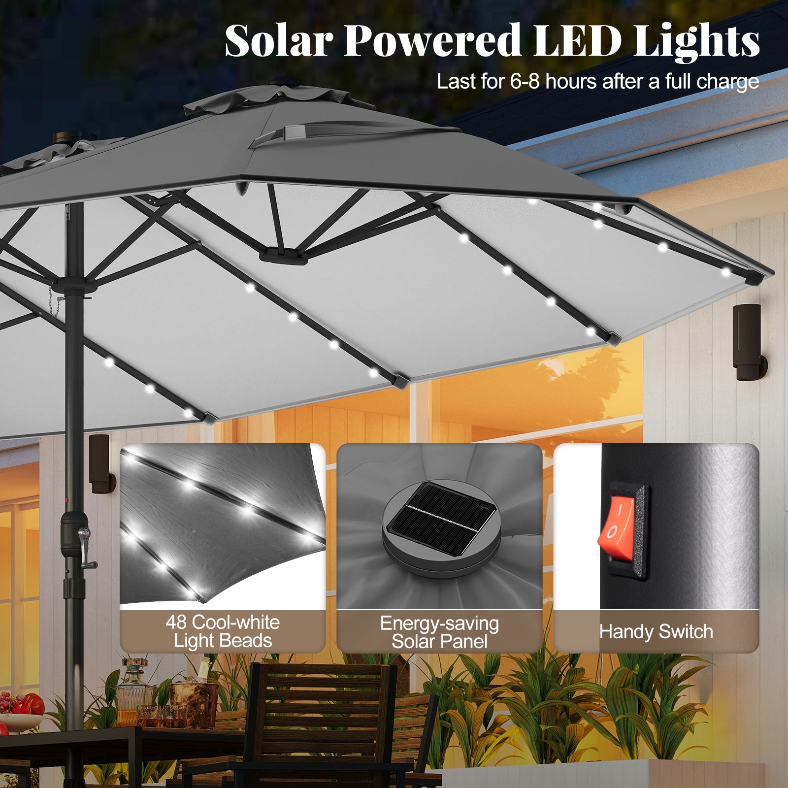 11 Pieces Patio Dining Set with LED Patio Umbrella with Base and Seat Cushions