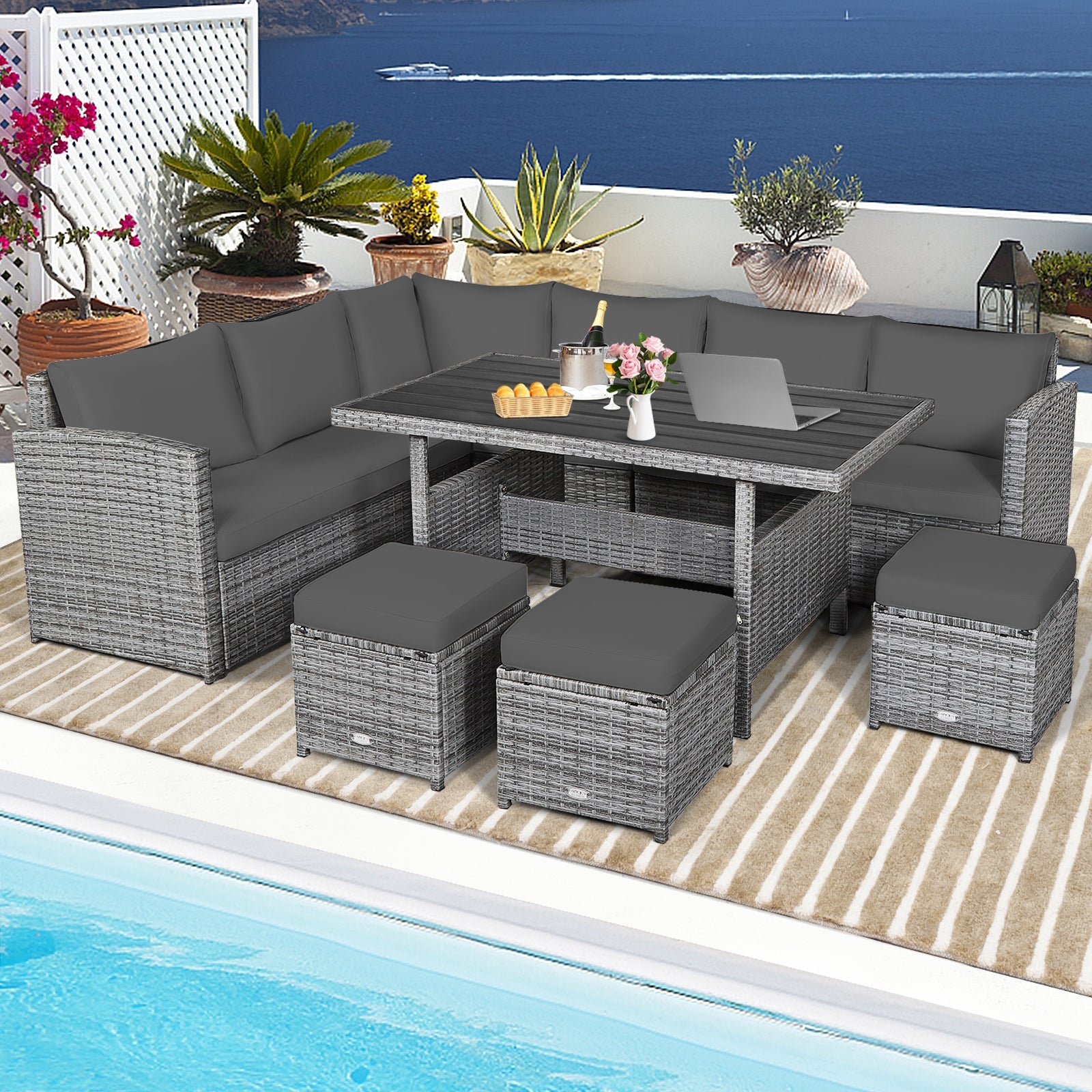 7 Pieces Patio Rattan Dining Furniture Sectional Sofa Set with Wicker Ottoman