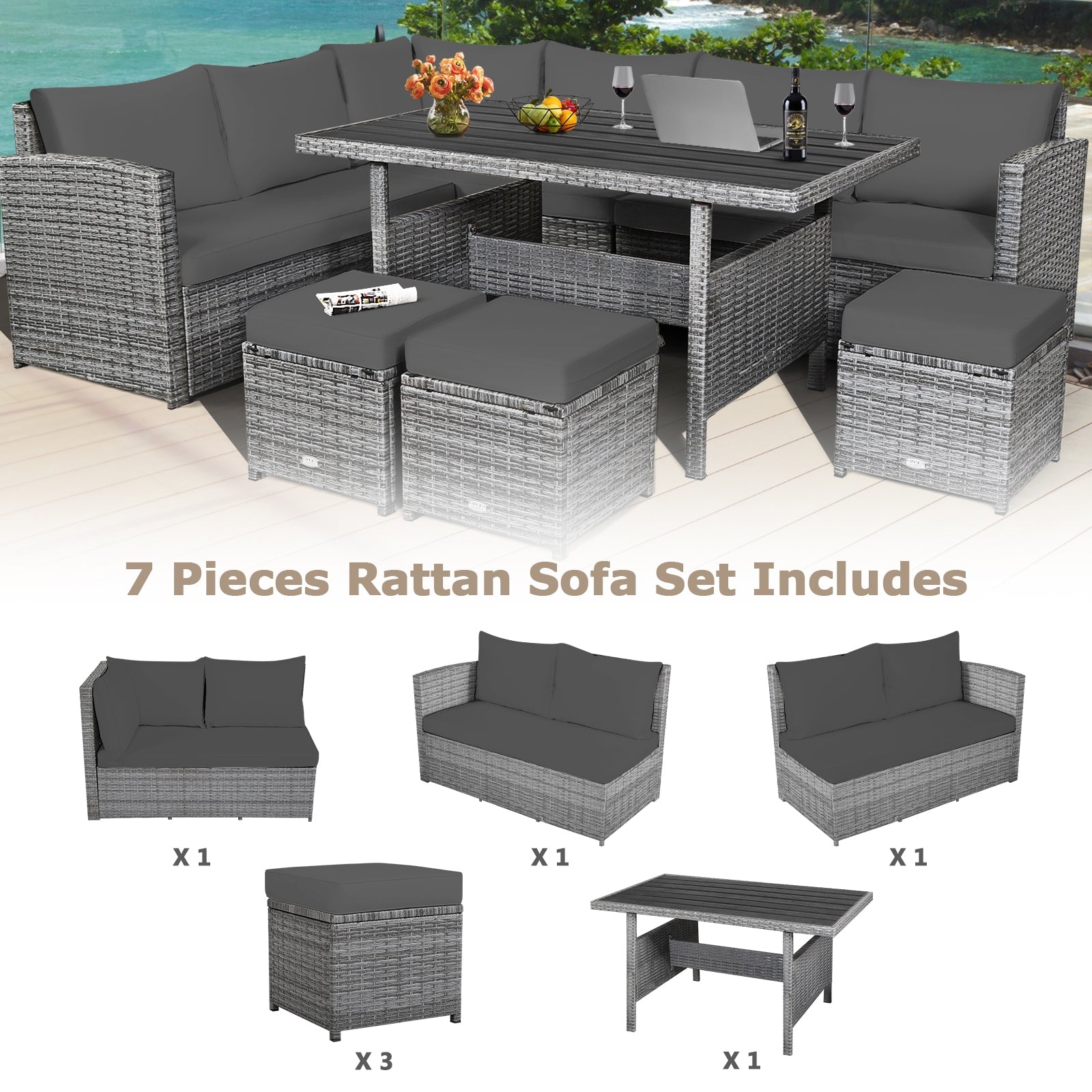 7 Pieces Patio Rattan Dining Furniture Sectional Sofa Set with Wicker Ottoman