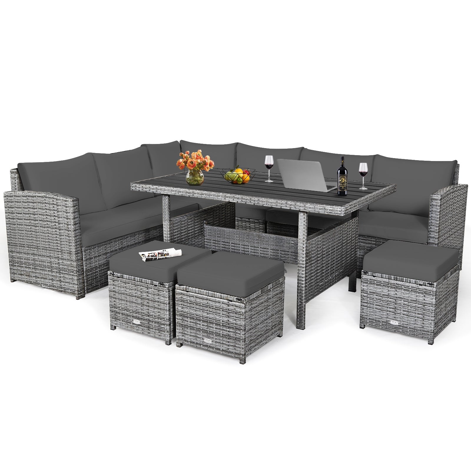 7 Pieces Patio Rattan Dining Furniture Sectional Sofa Set with Wicker Ottoman