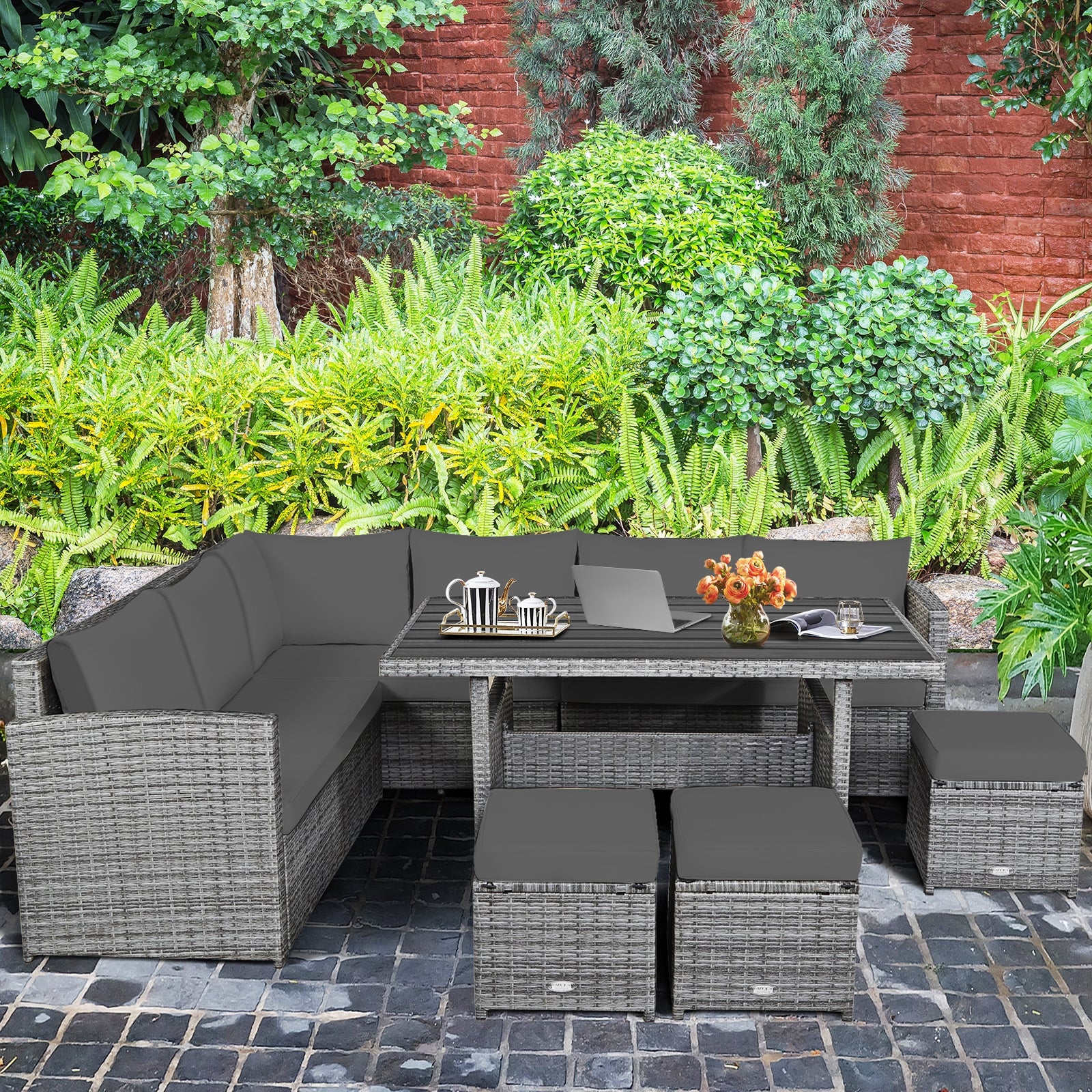 7 Pieces Patio Rattan Dining Furniture Sectional Sofa Set with Wicker Ottoman