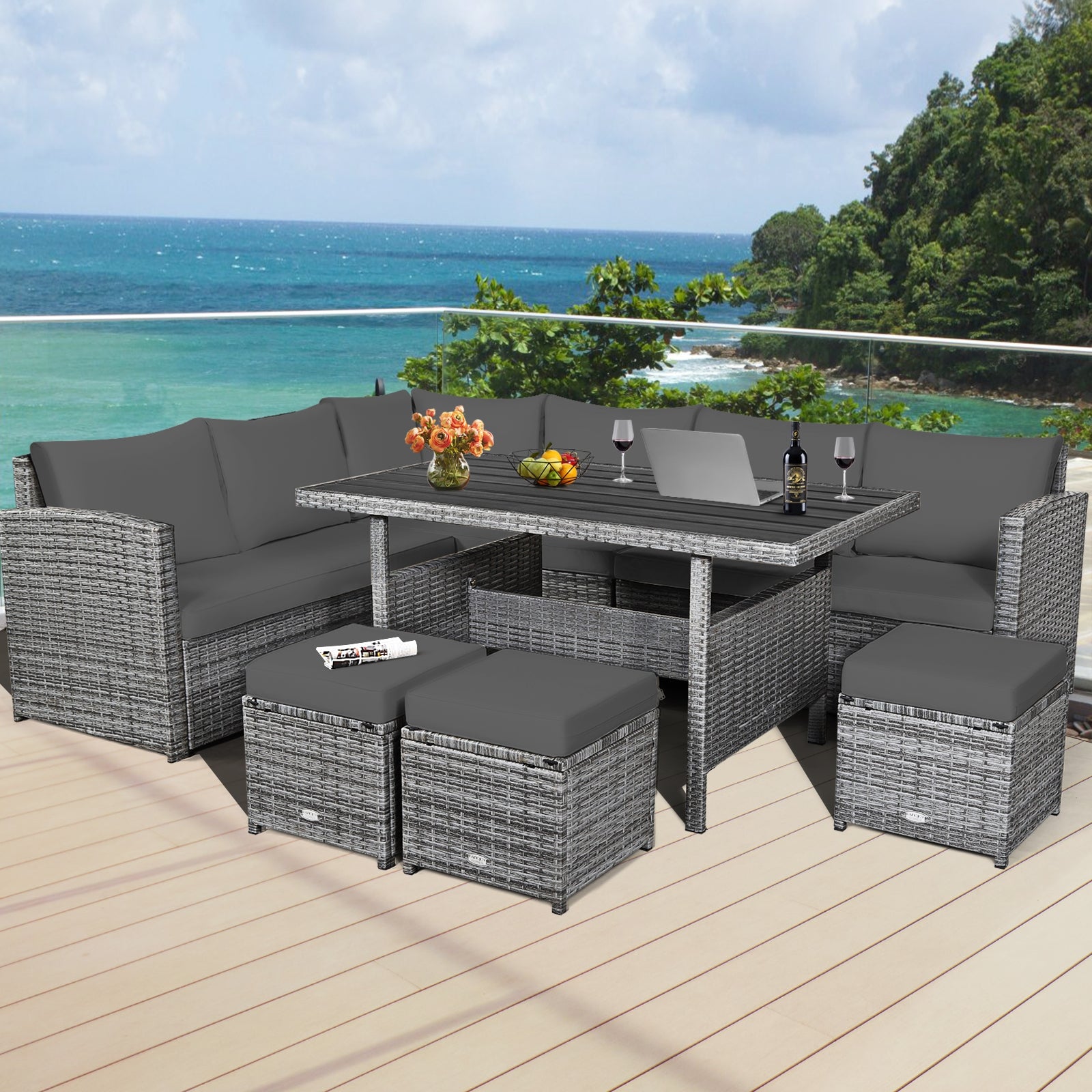 7 Pieces Patio Rattan Dining Furniture Sectional Sofa Set with Wicker Ottoman