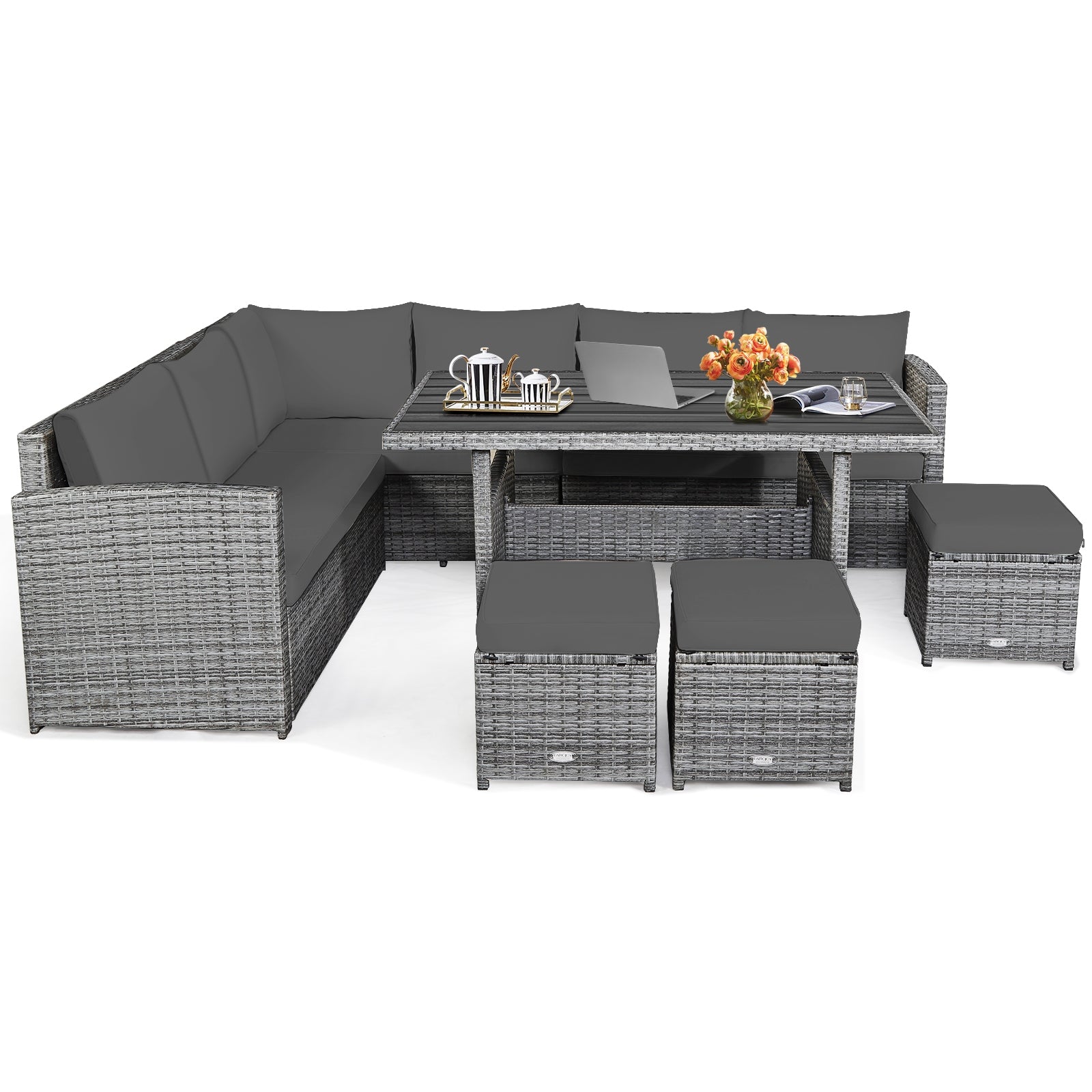 7 Pieces Patio Rattan Dining Furniture Sectional Sofa Set with Wicker Ottoman