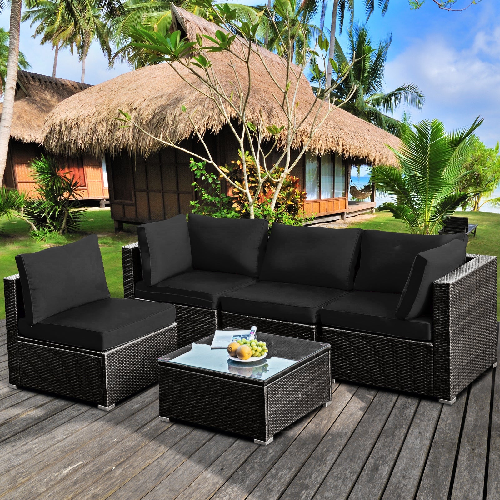 5 Pieces Cushioned Patio Rattan Furniture Set with Glass Table