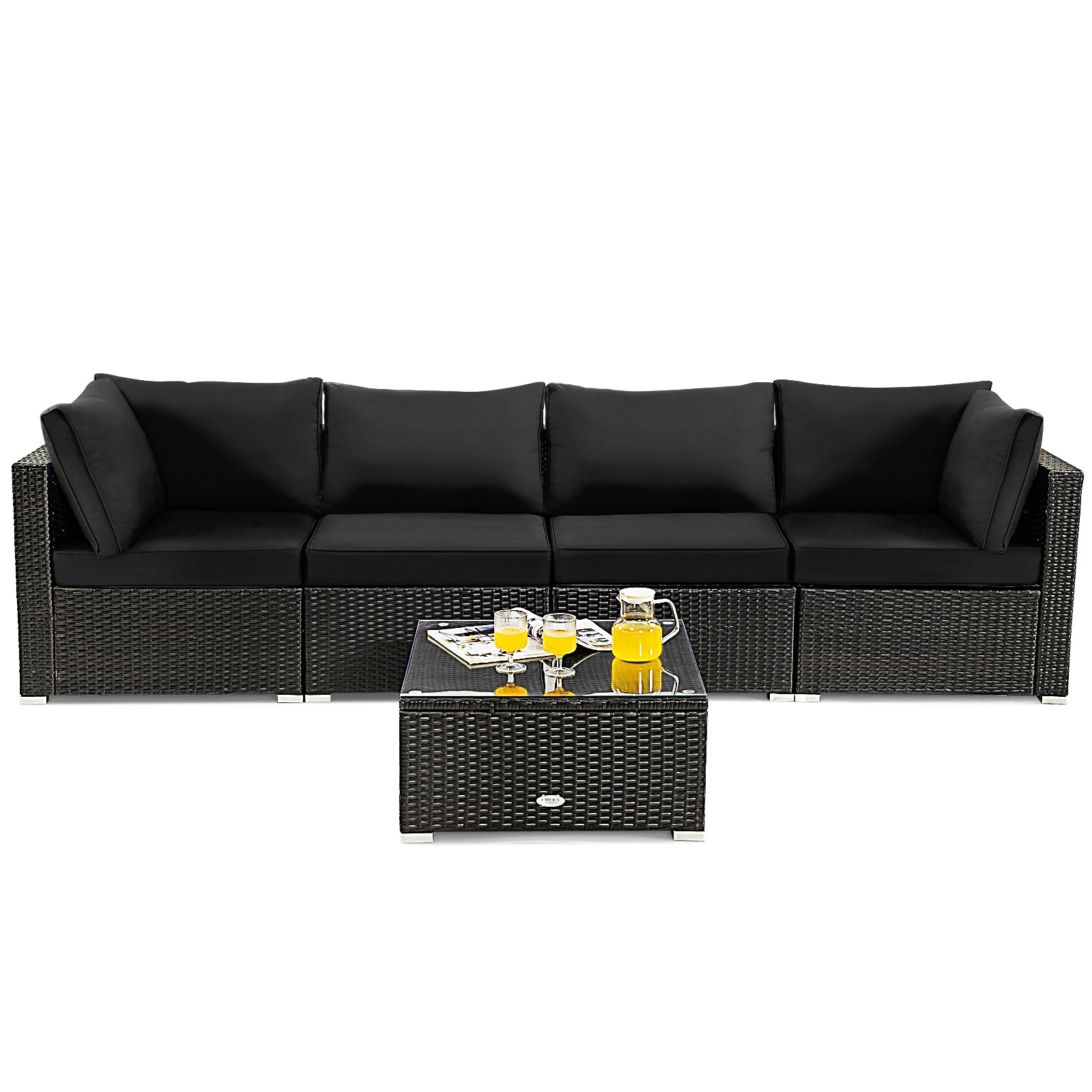 5 Pieces Cushioned Patio Rattan Furniture Set with Glass Table