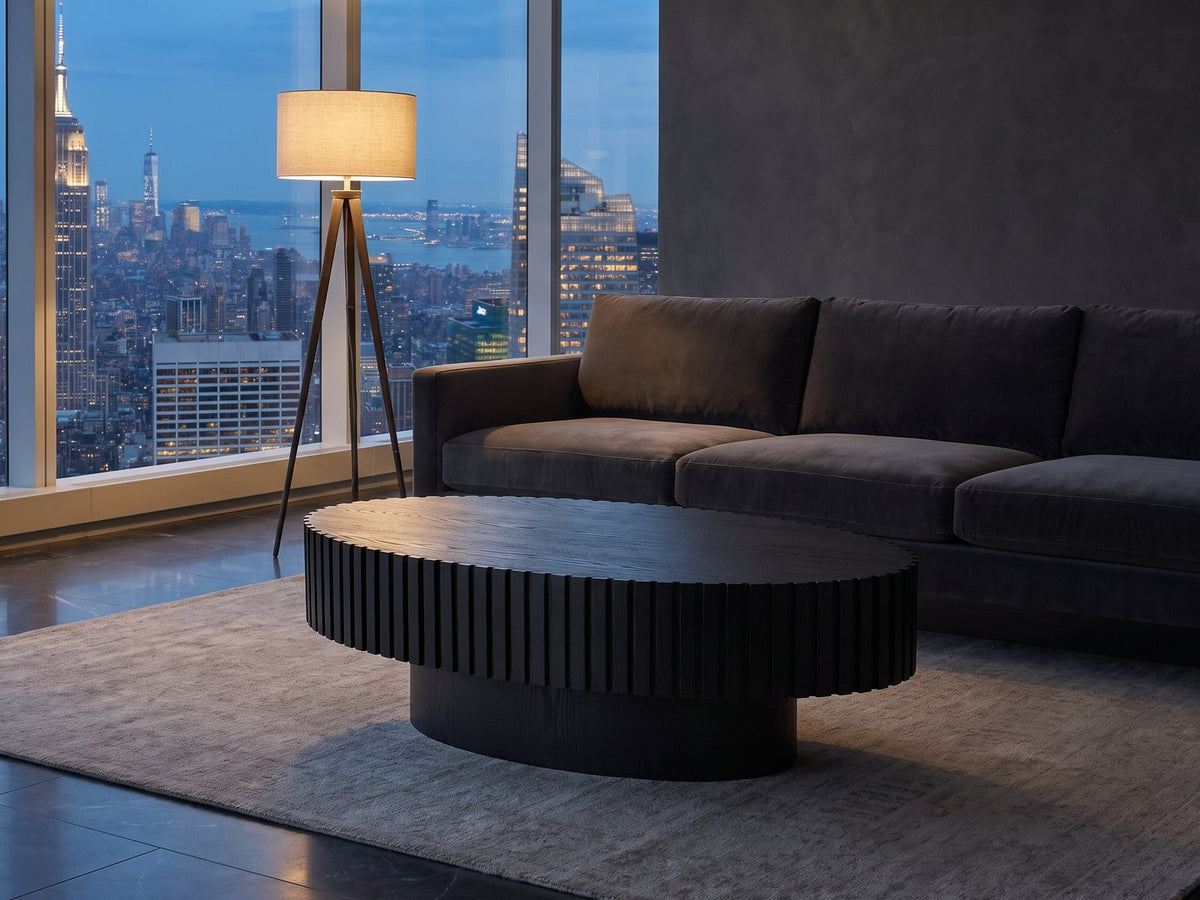 Imola Black Ash Oval Pedestal Coffee Table on a wool rug in front of a velvet sofa in a city penthouse at blue hour