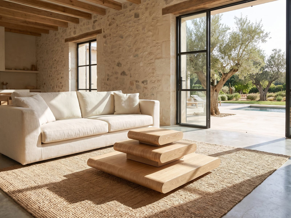 Ischia Natural Wood Veneer Stacking Coffee Table seen from the side, on a jute rug in front of a linen sofa in a poolside villa