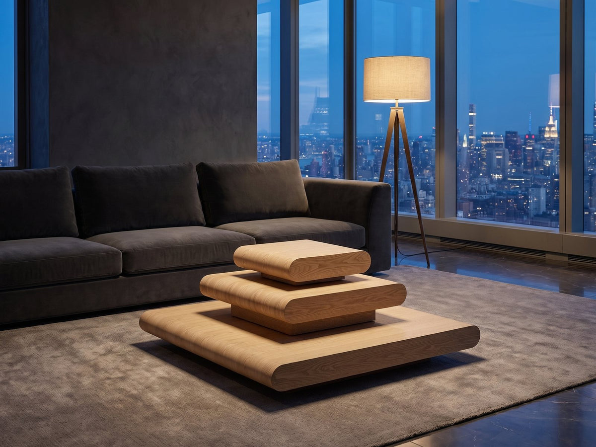 Ischia Natural Wood Veneer Stacking Coffee Table on a wool rug in front of a velvet sofa in a city penthouse at blue hour