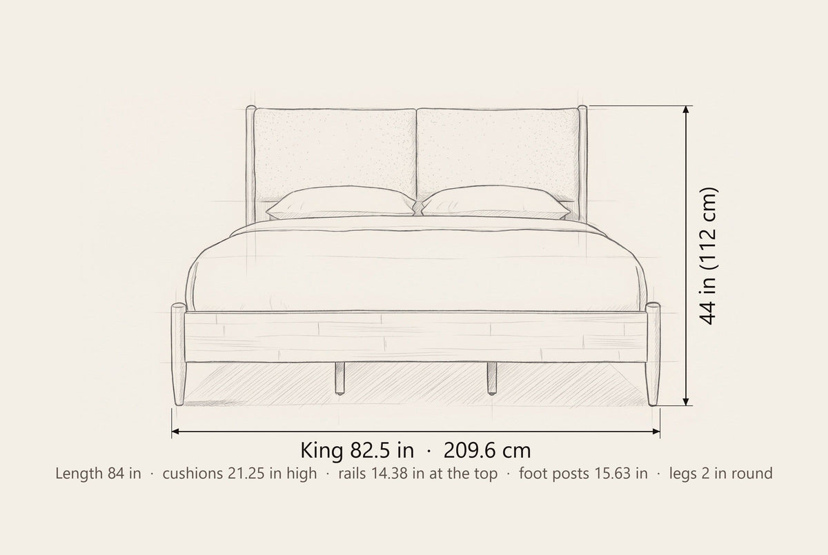 Isernia King bed dimensions: 82.5 in wide, 44 in high, 84 in long, cushions 21.25 in high, rails 14.38 in at the top, foot posts 15.63 in
