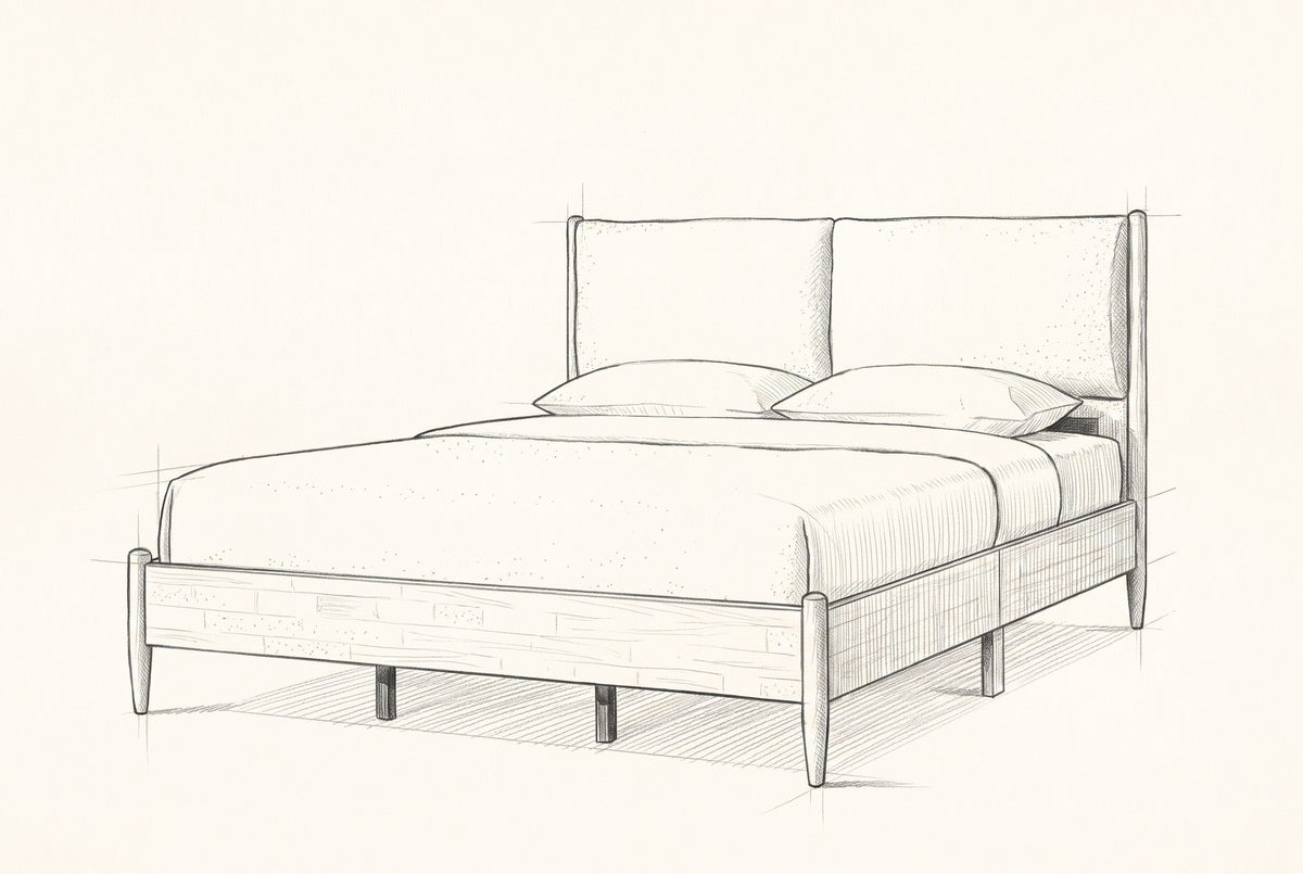 Pencil sketch of the Isernia bed with a mattress and two pillows, drawn from the same three-quarter view