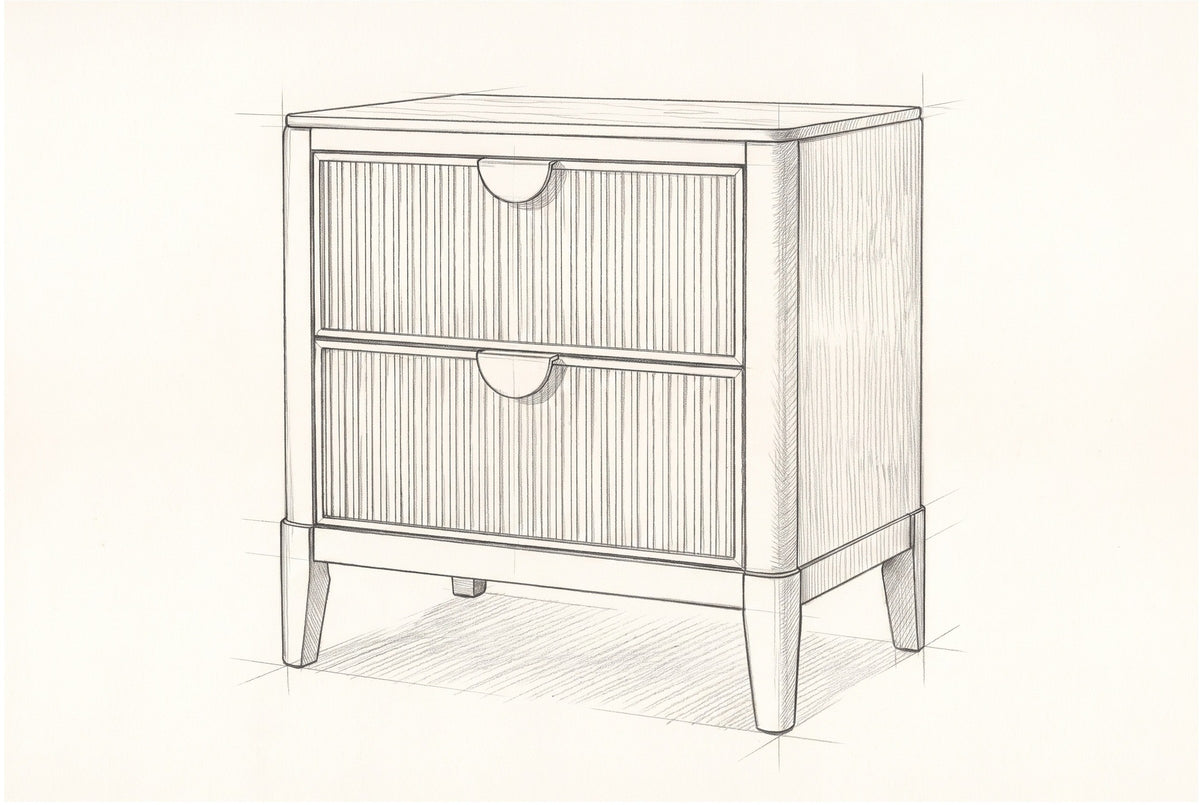 Pencil sketch of the Isili nightstand, drawn from the same three-quarter view