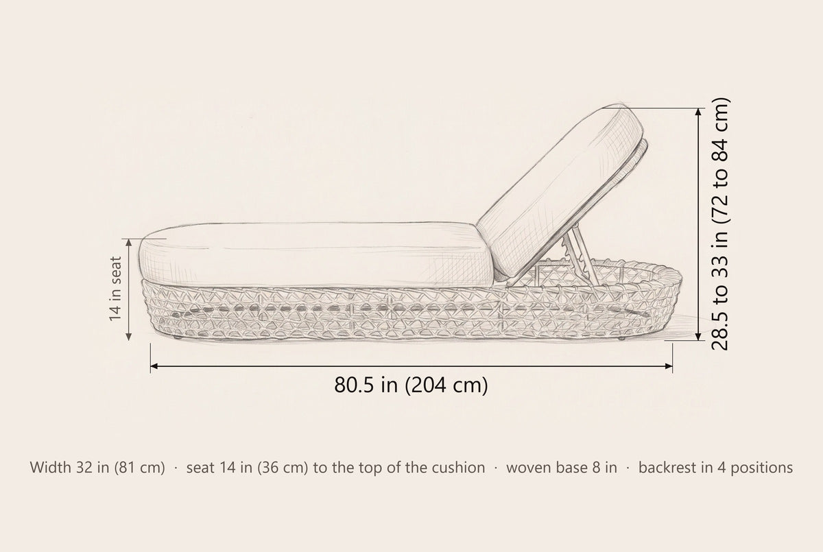Isnello lounger dimensions: 80.5 in long, 28.5 to 33 in high with the backrest up, seat 14 in