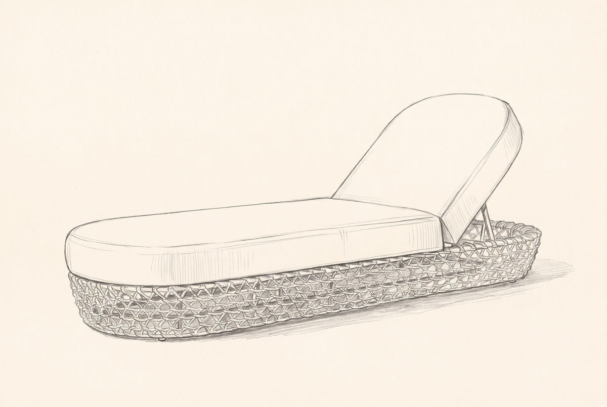 Pencil sketch of the Isnello lounger, three-quarter view from the foot end