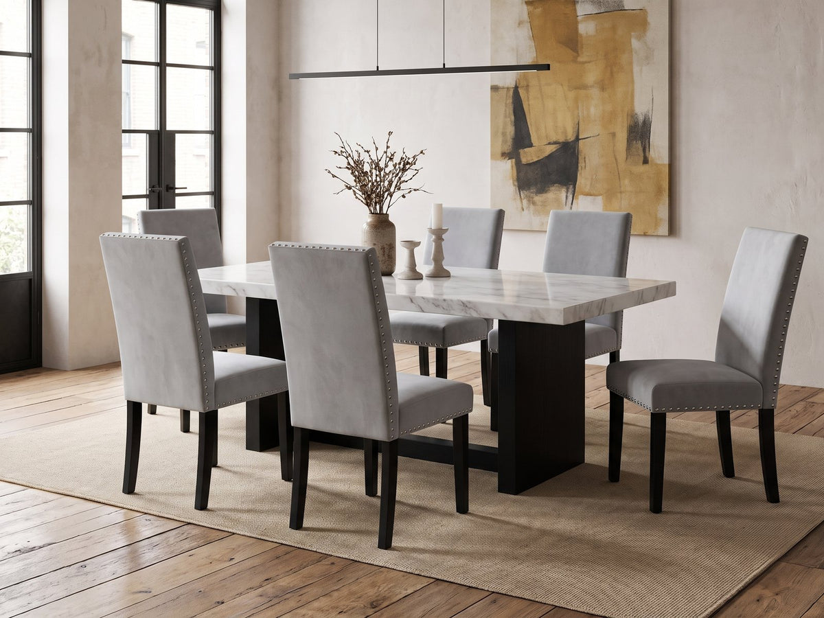 Itri 70-Inch White Marble Double Pedestal Dining Set with 6 Chairs in an industrial loft dining area
