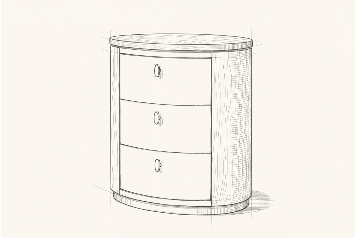 Pencil sketch of the Jerzu oval nightstand, drawn from the same three-quarter view