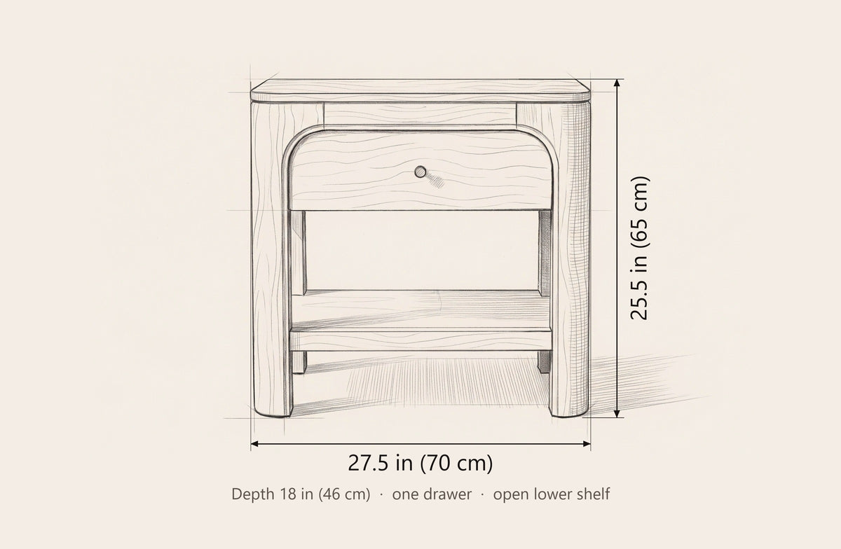 Laconi nightstand dimensions: 27.5 in wide, 25.5 in high, 18 in deep