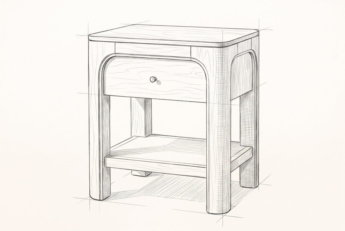 Pencil sketch of the Laconi nightstand, drawn from the same three-quarter view
