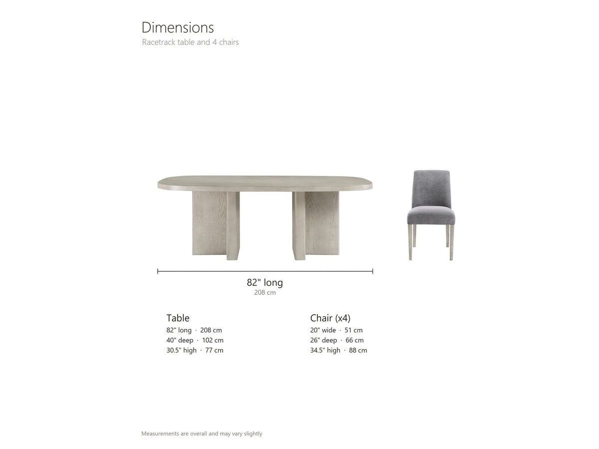 Laino 82-Inch Racetrack Oak Double Pedestal Dining Set with 4 Chairs dimensions: table 82 in long, 40 in deep and 30.5 in high; each chair 20 in wide, 26 in deep and 34.5 in high
