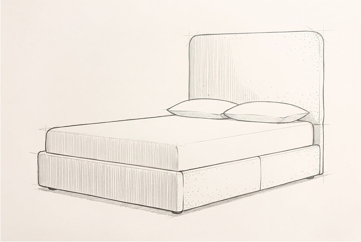 Pencil sketch of the Lanciano bed with a mattress and two pillows, drawn from the same three-quarter view