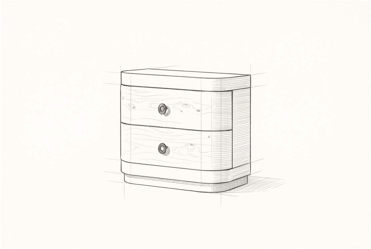 Pencil sketch of the Lanusei nightstand, drawn from the same three-quarter view