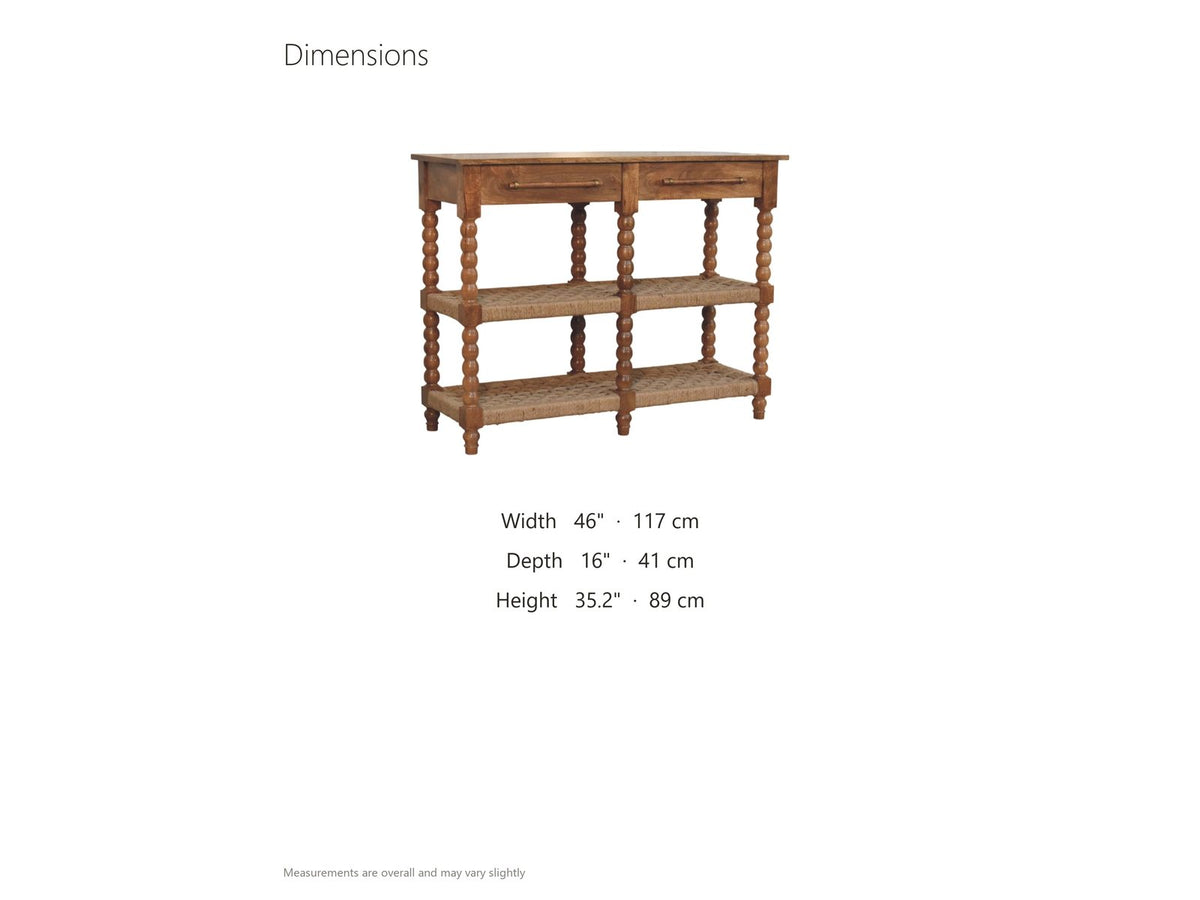 Laterza Mango Wood Spindle Console Table dimensions: 46.0 in wide, 16.0 in deep, 35.2 in high