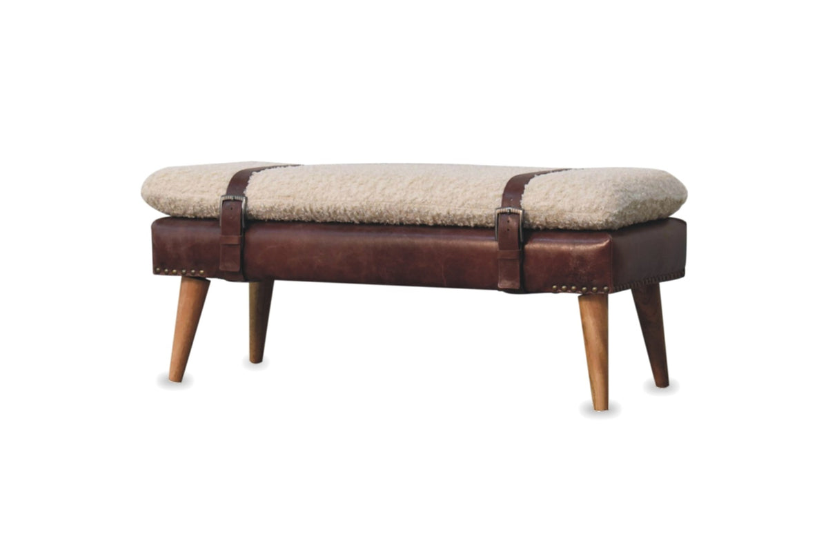 Lattarico 35-Inch Boucle and Leather Strapped Bench on a white background