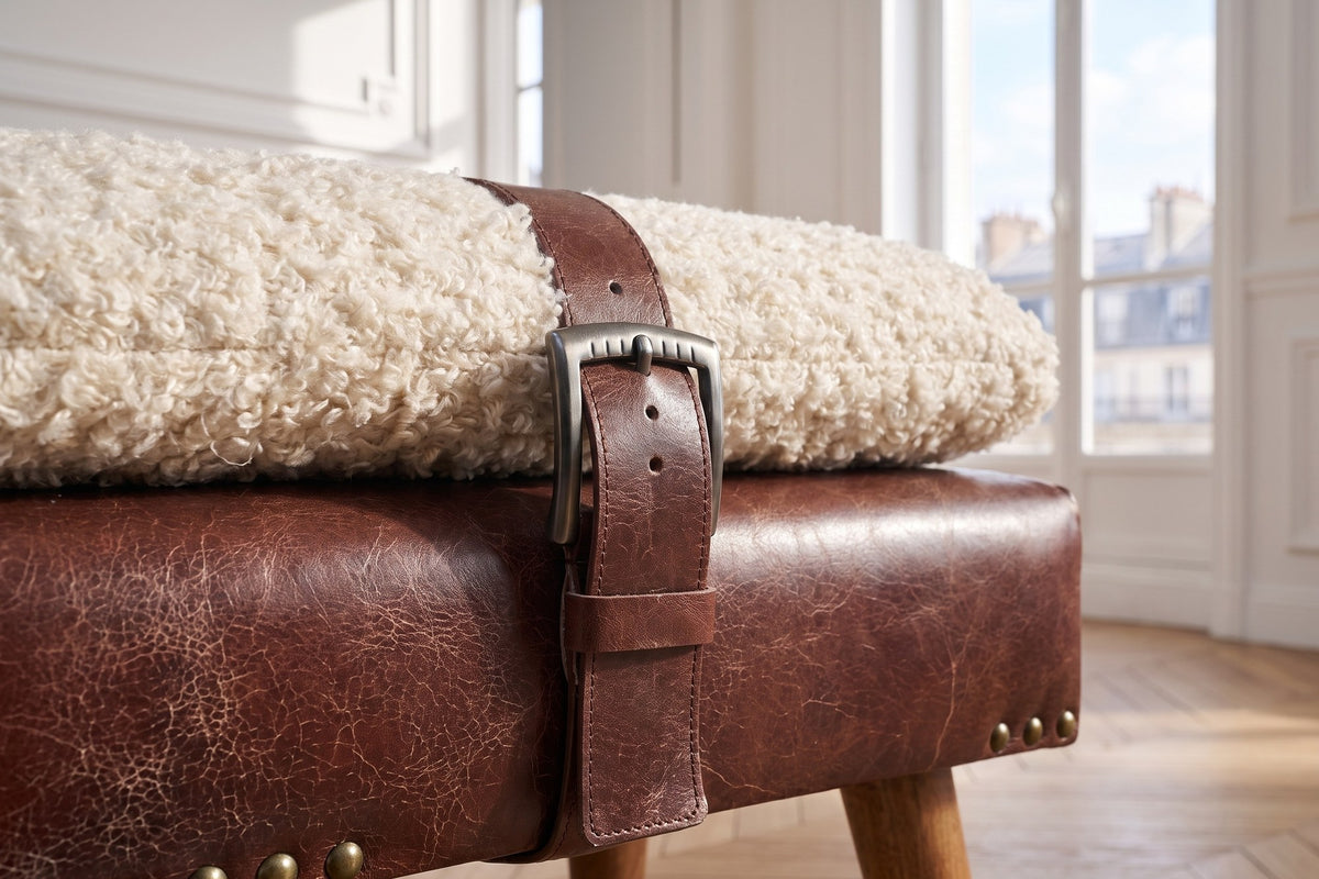 Close-up of the Lattarico 35-Inch Boucle and Leather Strapped Bench: buckle