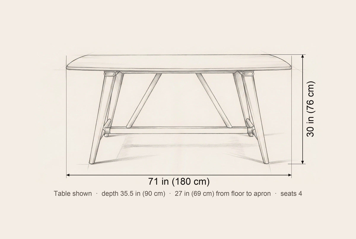 Lavello table dimensions: 71 in long, 30 in high, 35.5 in deep, 27 in from floor to apron