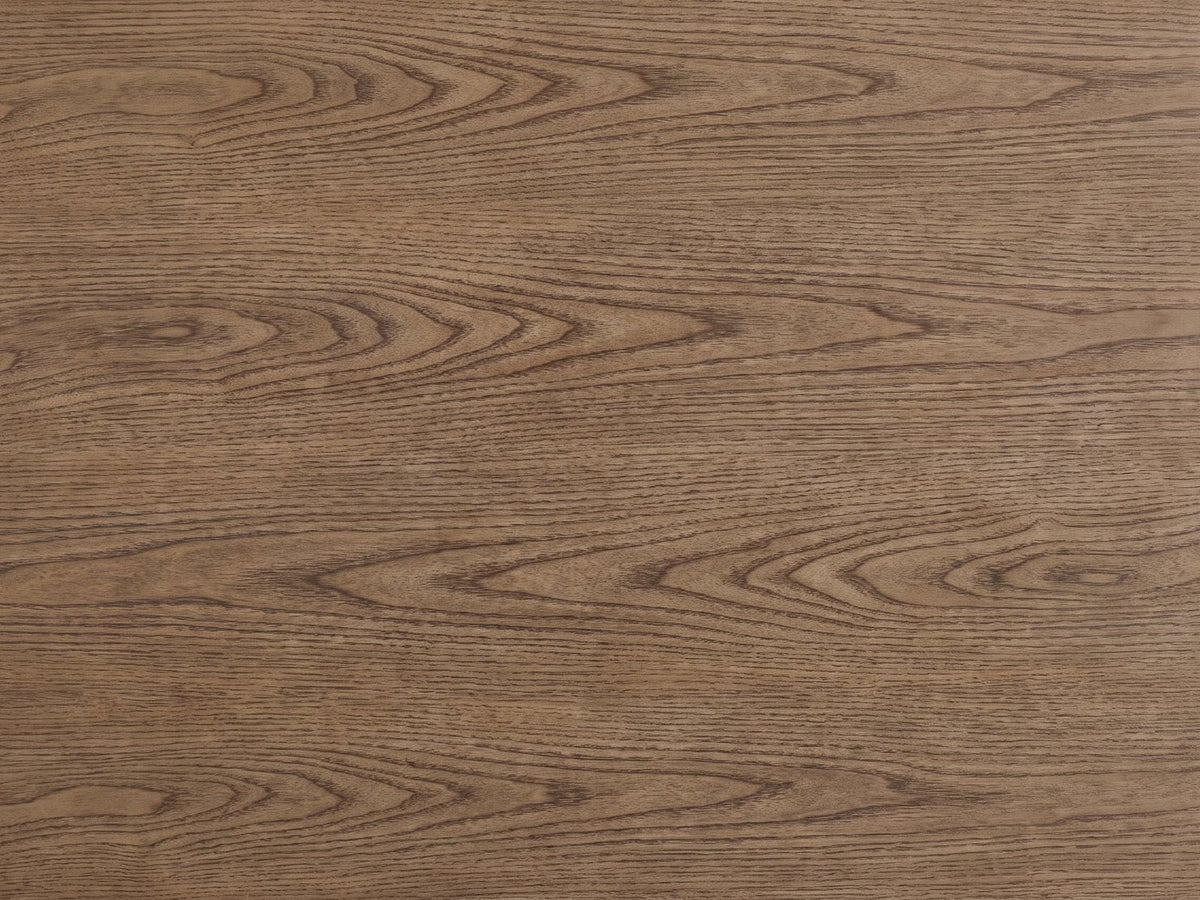 Close-up of the Legnago 40-Inch Latte Elm 5-Drawer Chest: the cathedral grain of the latte elm veneer top